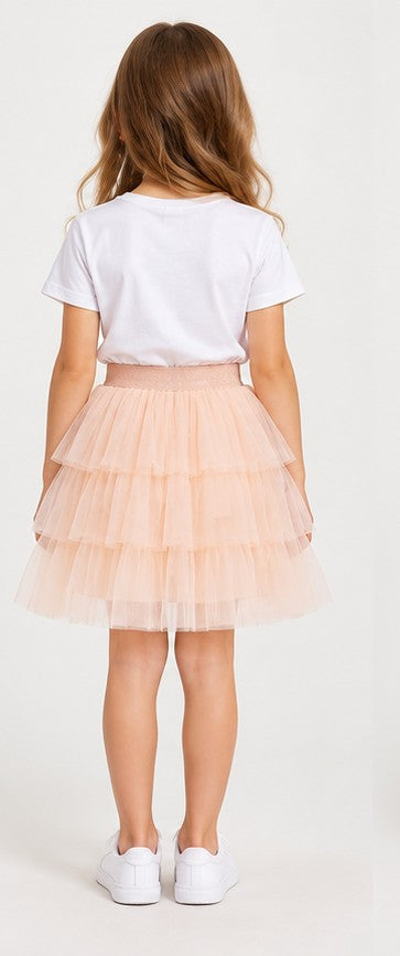 Back view of Gingersnaps girls peach tiered tulle skirt