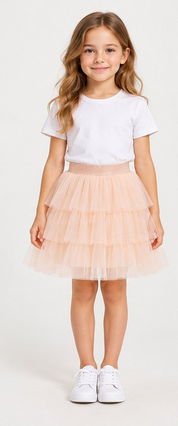 Front view of Gingersnaps girls peach tiered tulle skirt