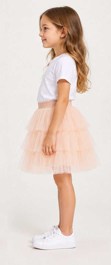 Left side view of Gingersnaps girls peach tiered tulle skirt