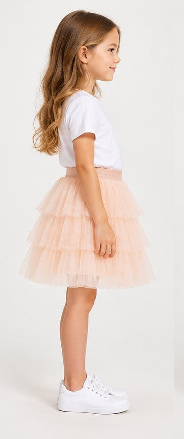 Right side view of Gingersnaps girls peach tiered tulle skirt