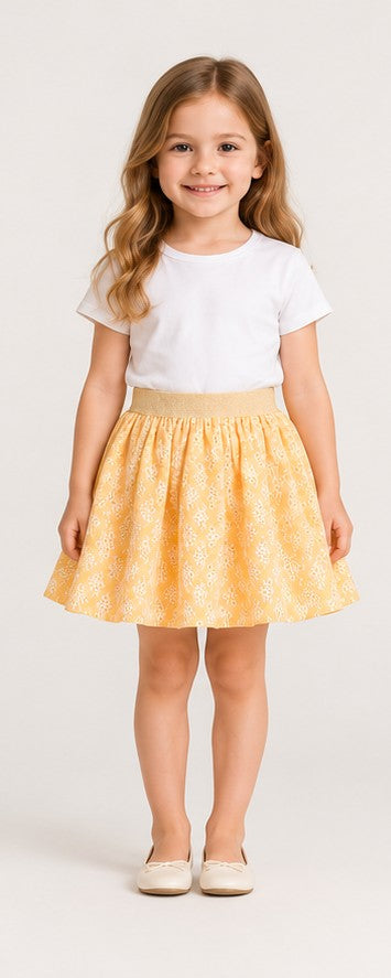 Girls model front view wearing Gingersnaps yellow embroidered skirt
