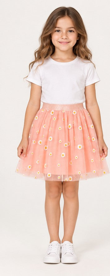 Front view of Gingersnaps girls peach daisy tulle skirt