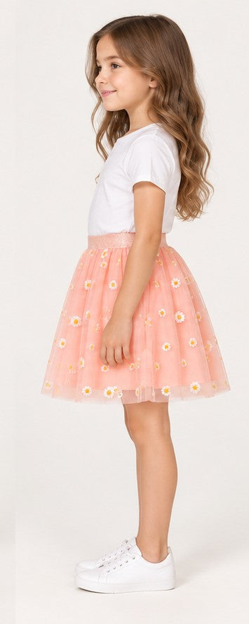 Left side view of Gingersnaps girls peach daisy tulle skirt