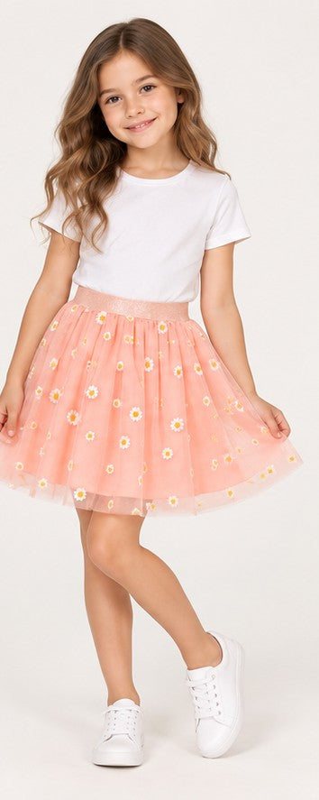 Lifestyle view of Gingersnaps girls peach daisy tulle skirt
