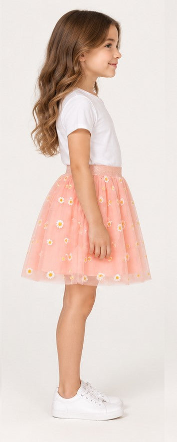 Right side view of Gingersnaps girls peach daisy tulle skirt