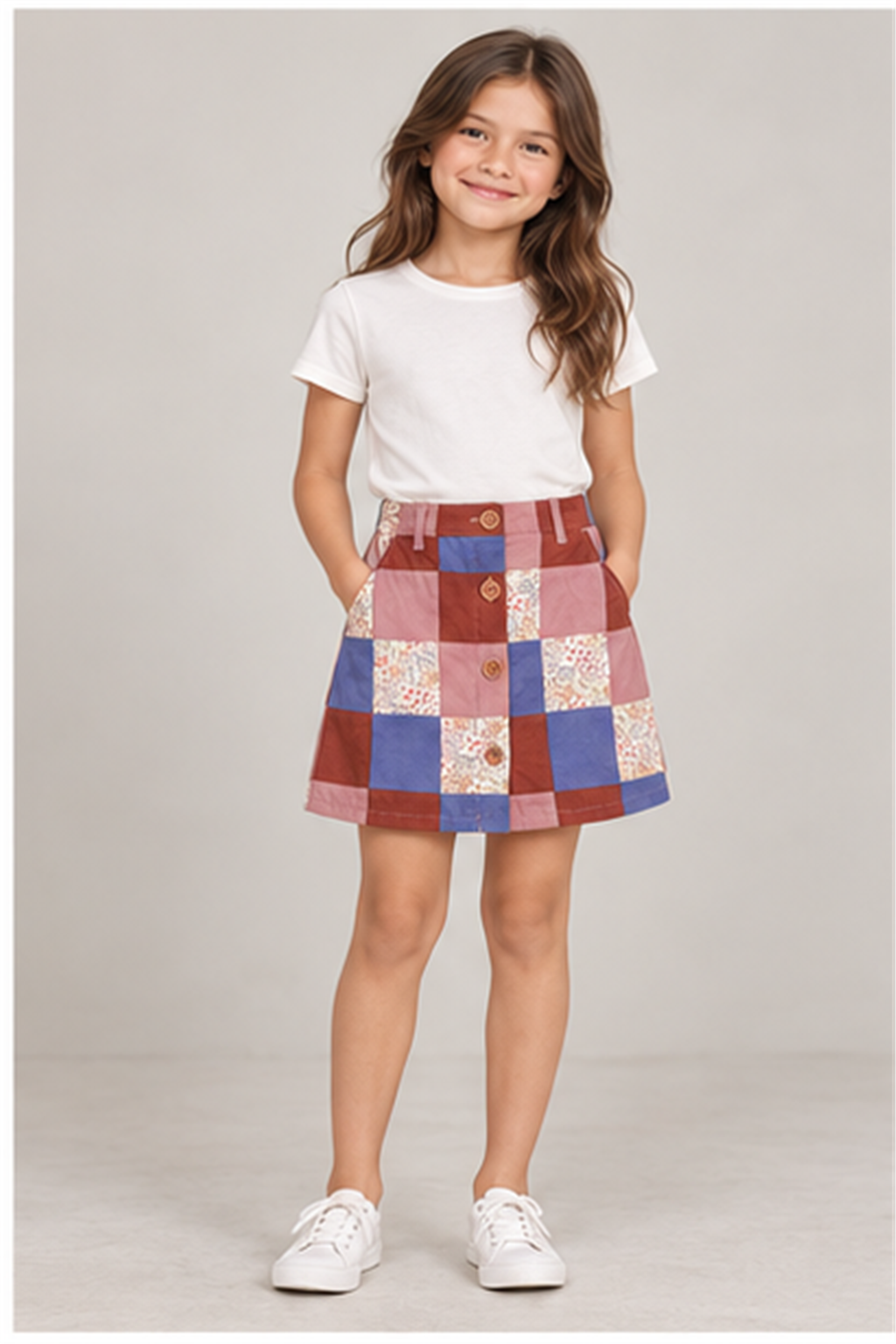 Girls' patchwork plaid skirt on child model, front view