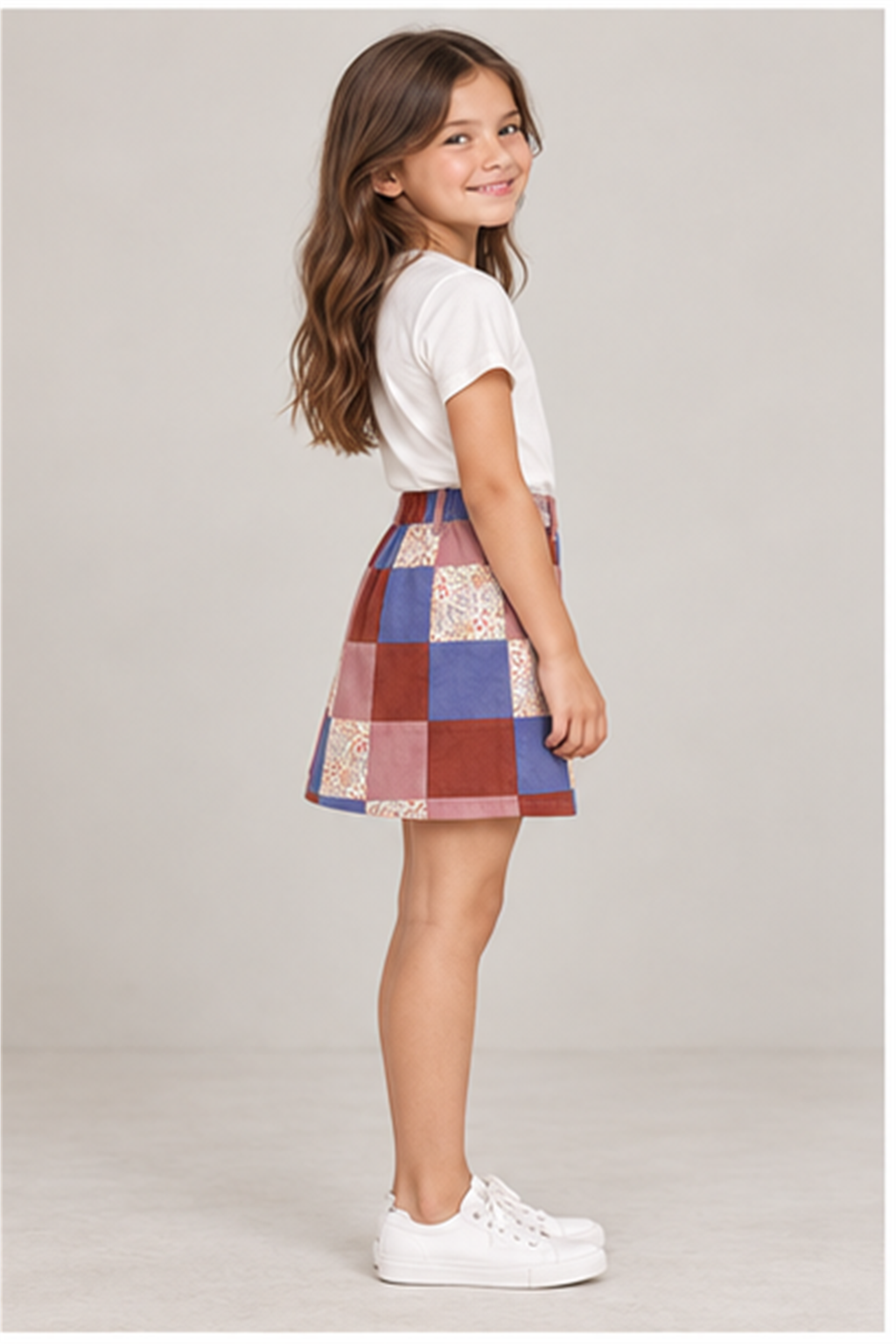 Girls' patchwork plaid skirt on child model, right side view