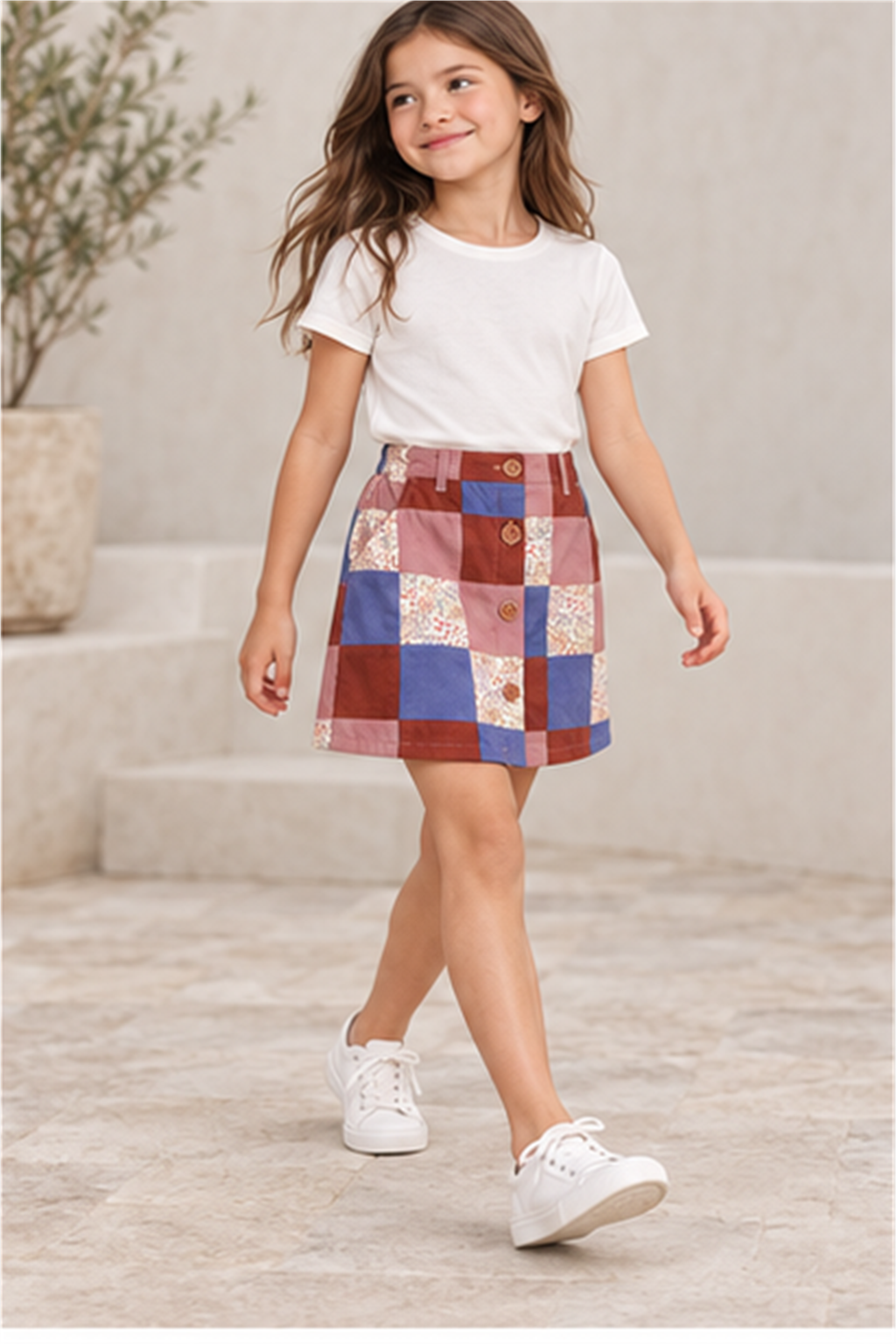 Girls' patchwork plaid skirt on child model, lifestyle view