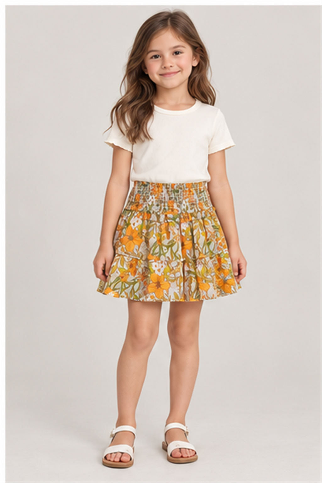 Girls' floral skirt on child model, front view