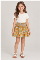 Girls' floral skirt on child model, front view