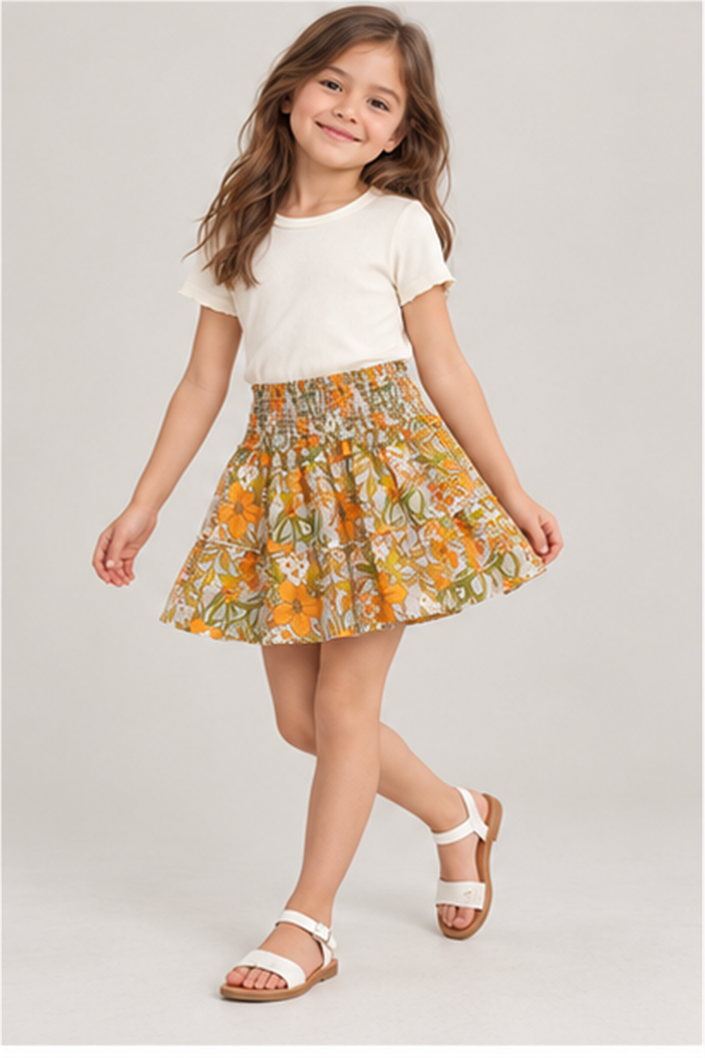 Girls' floral skirt on child model, lifestyle view