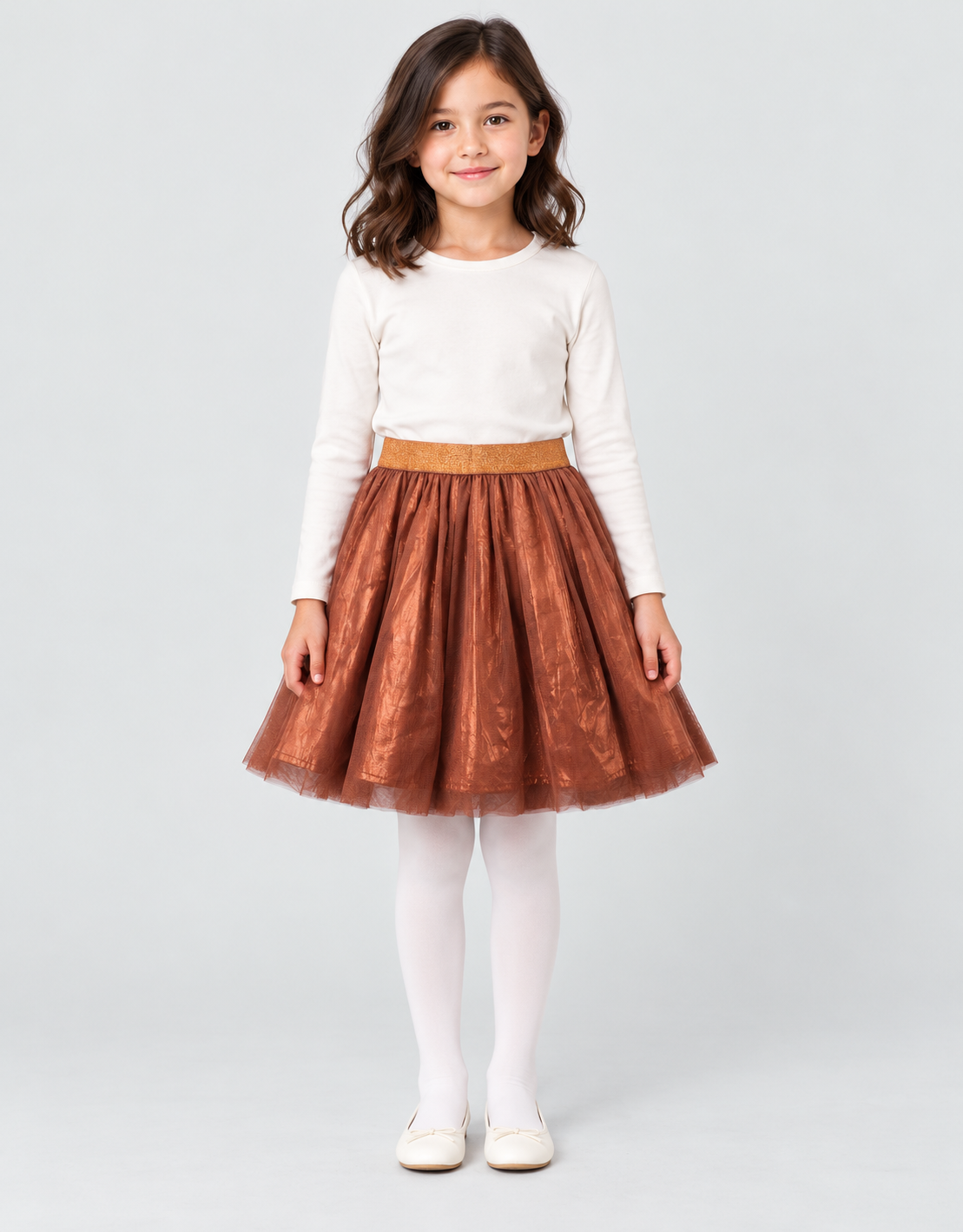 Girls skirt in metallic copper brown, full front