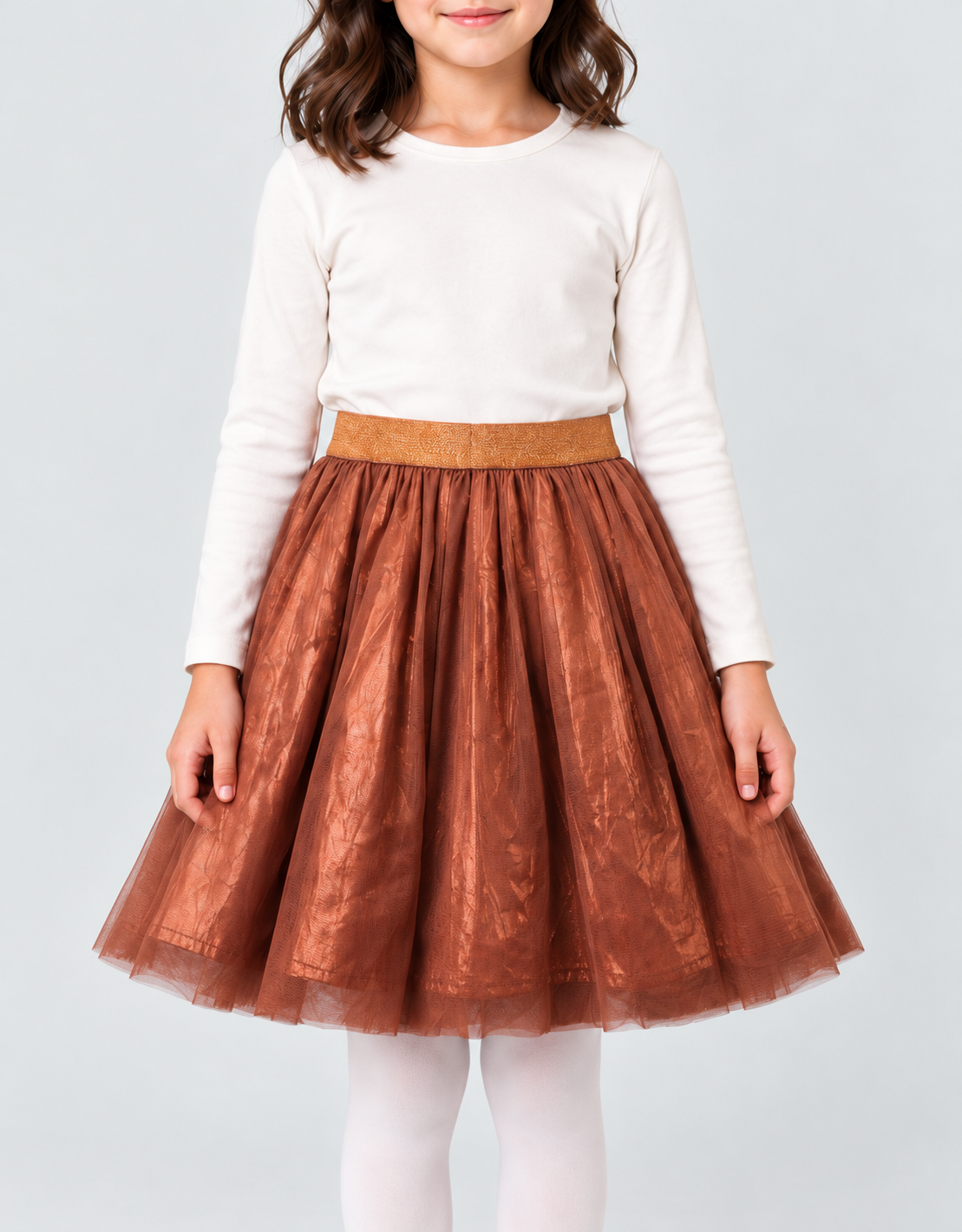 Girls skirt in metallic copper brown, garment-focused front