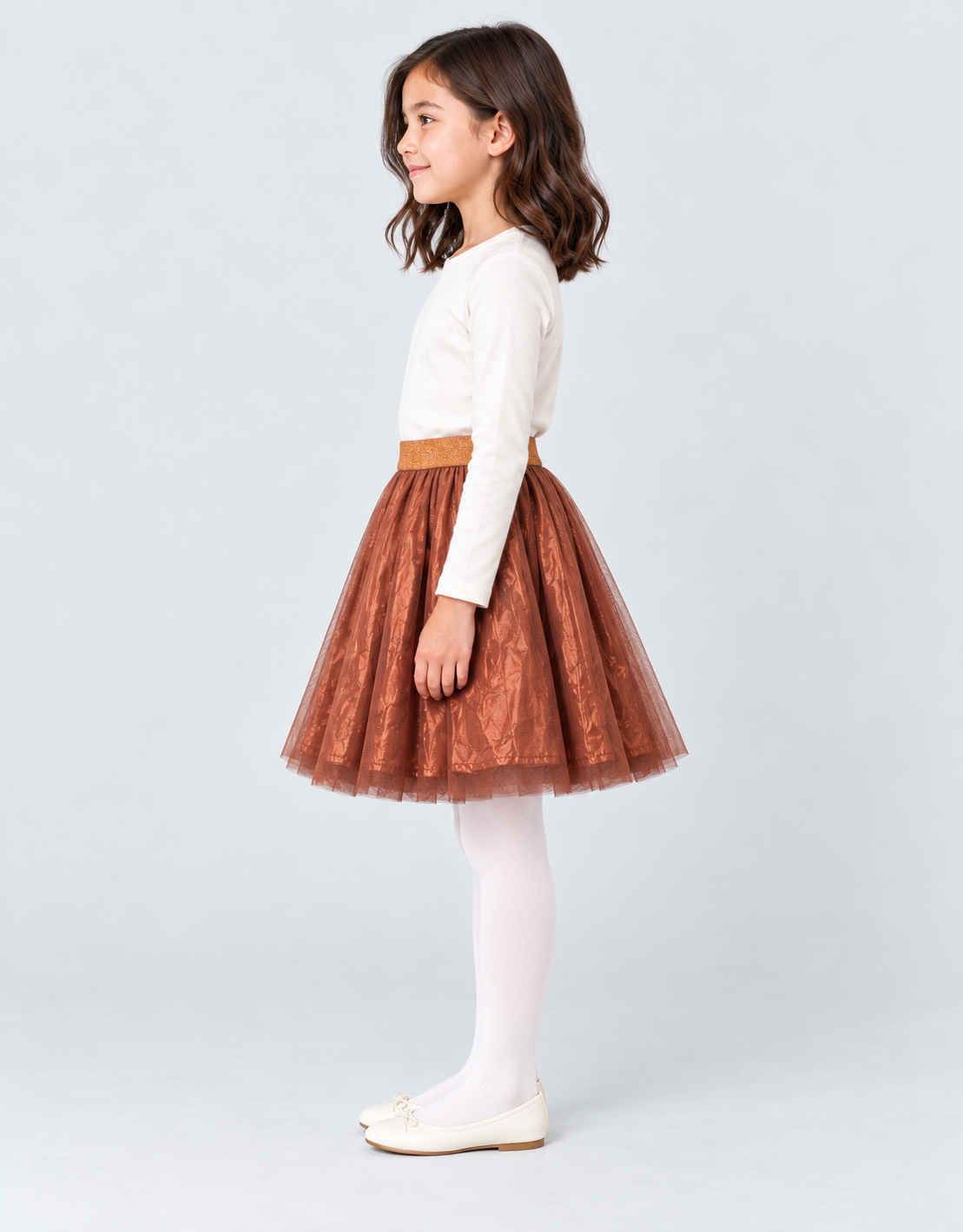 Girls skirt in metallic copper brown, side view