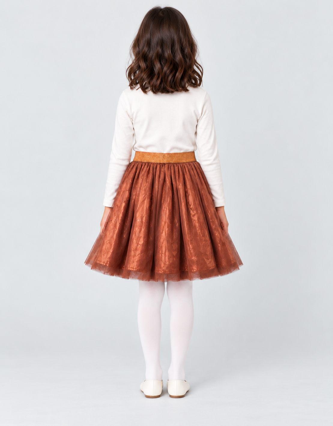 Girls skirt in metallic copper brown, back view
