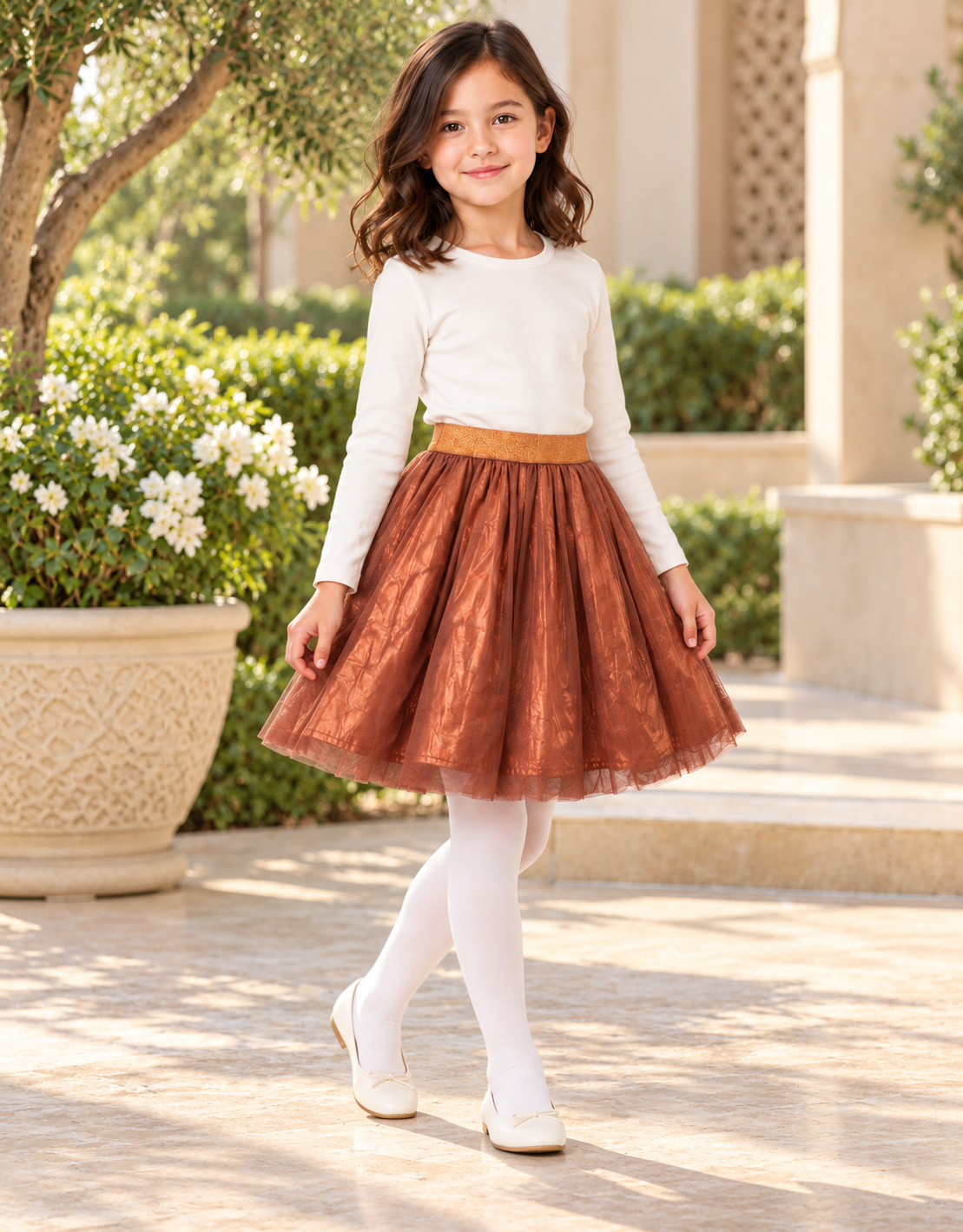 Girls skirt in metallic copper brown, lifestyle photo