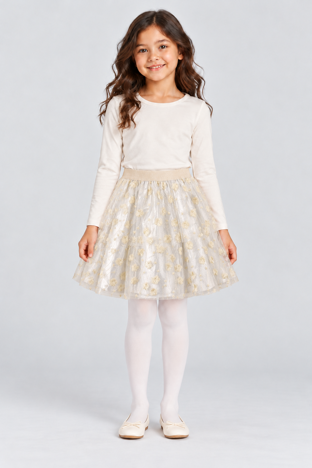 Girls’ ivory-gold embroidered tulle skirt, full front on Lina