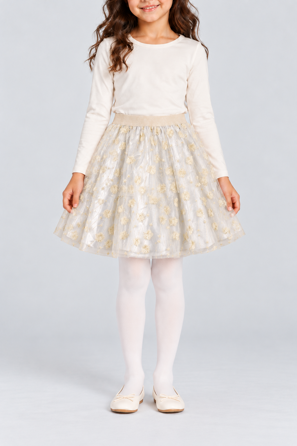 Girls’ ivory-gold embroidered tulle skirt, complete front details on Lina