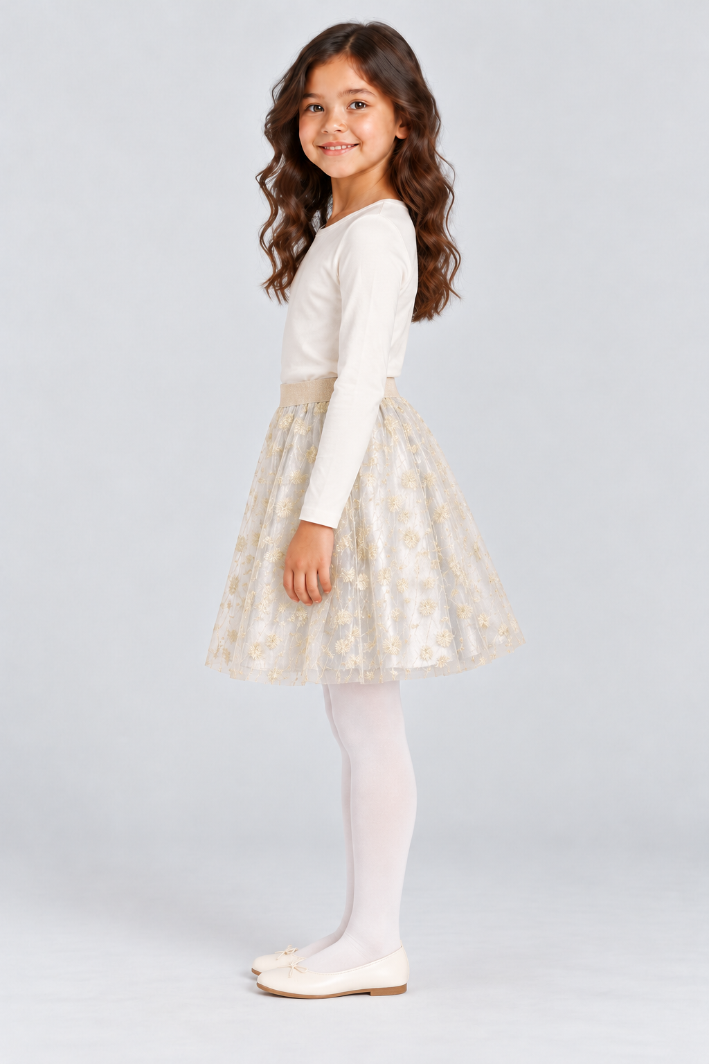 Girls’ ivory-gold embroidered tulle skirt, side view on Lina