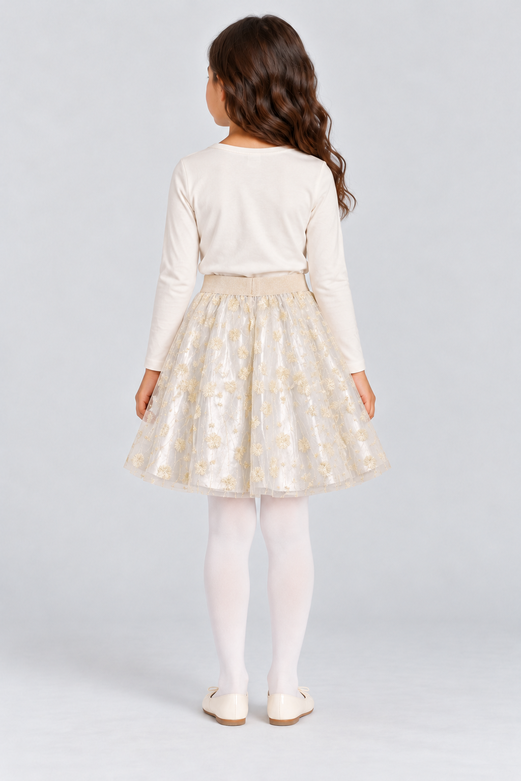 Girls’ ivory-gold embroidered tulle skirt, back view on Lina