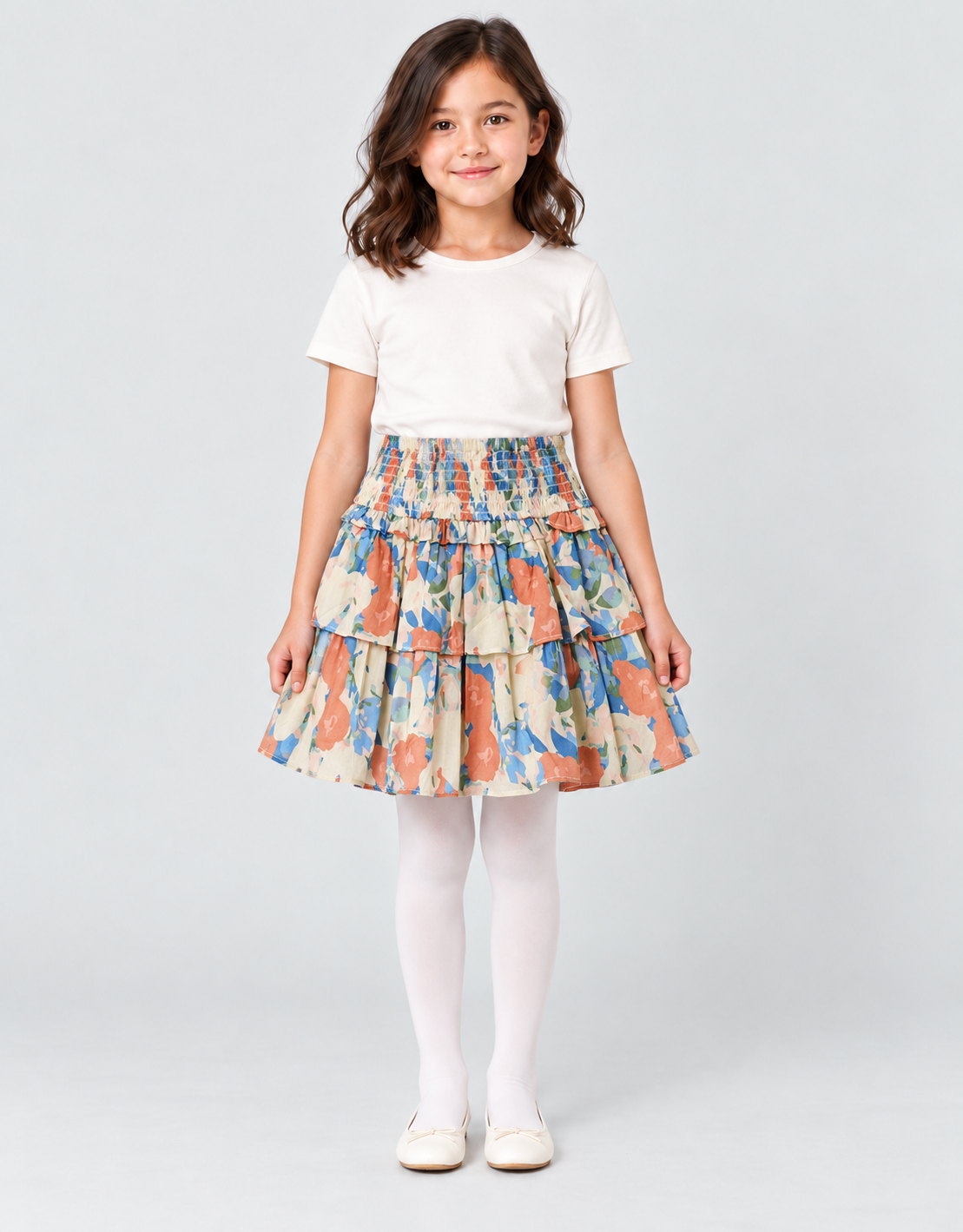 Girls multicolor floral tiered skirt, full front