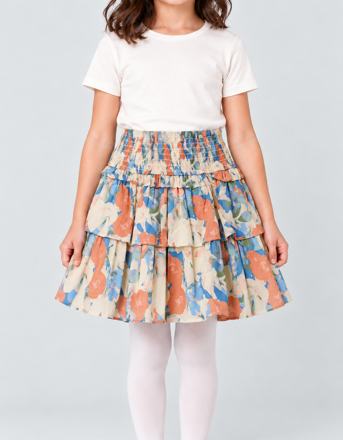 Girls multicolor floral tiered skirt, garment detail front
