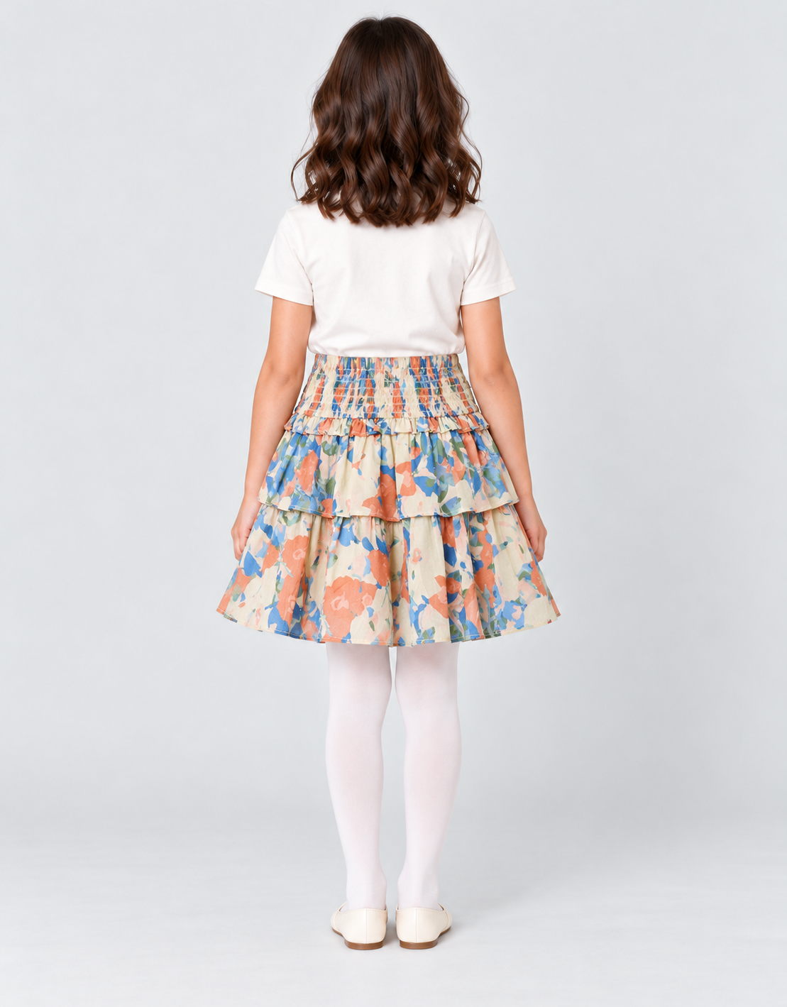 Girls multicolor floral tiered skirt, back view
