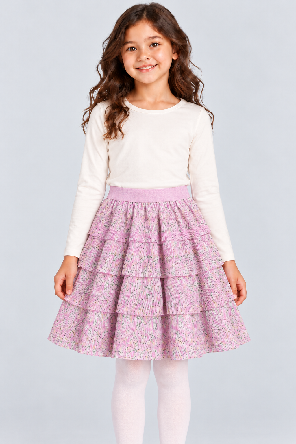 Girls multi-tier floral skirt on child model, front detail