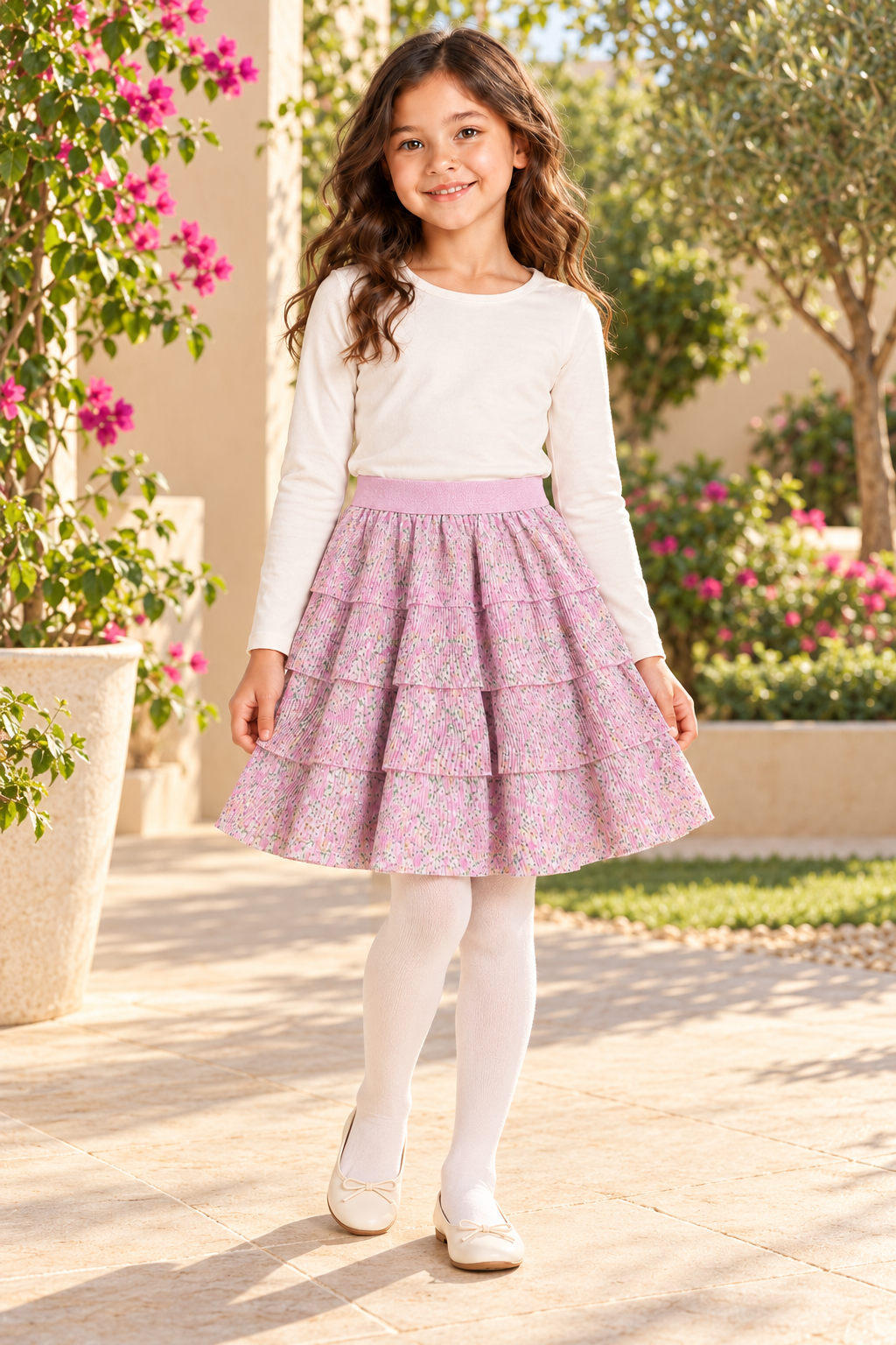 Girls multi-tier floral skirt on child model, lifestyle