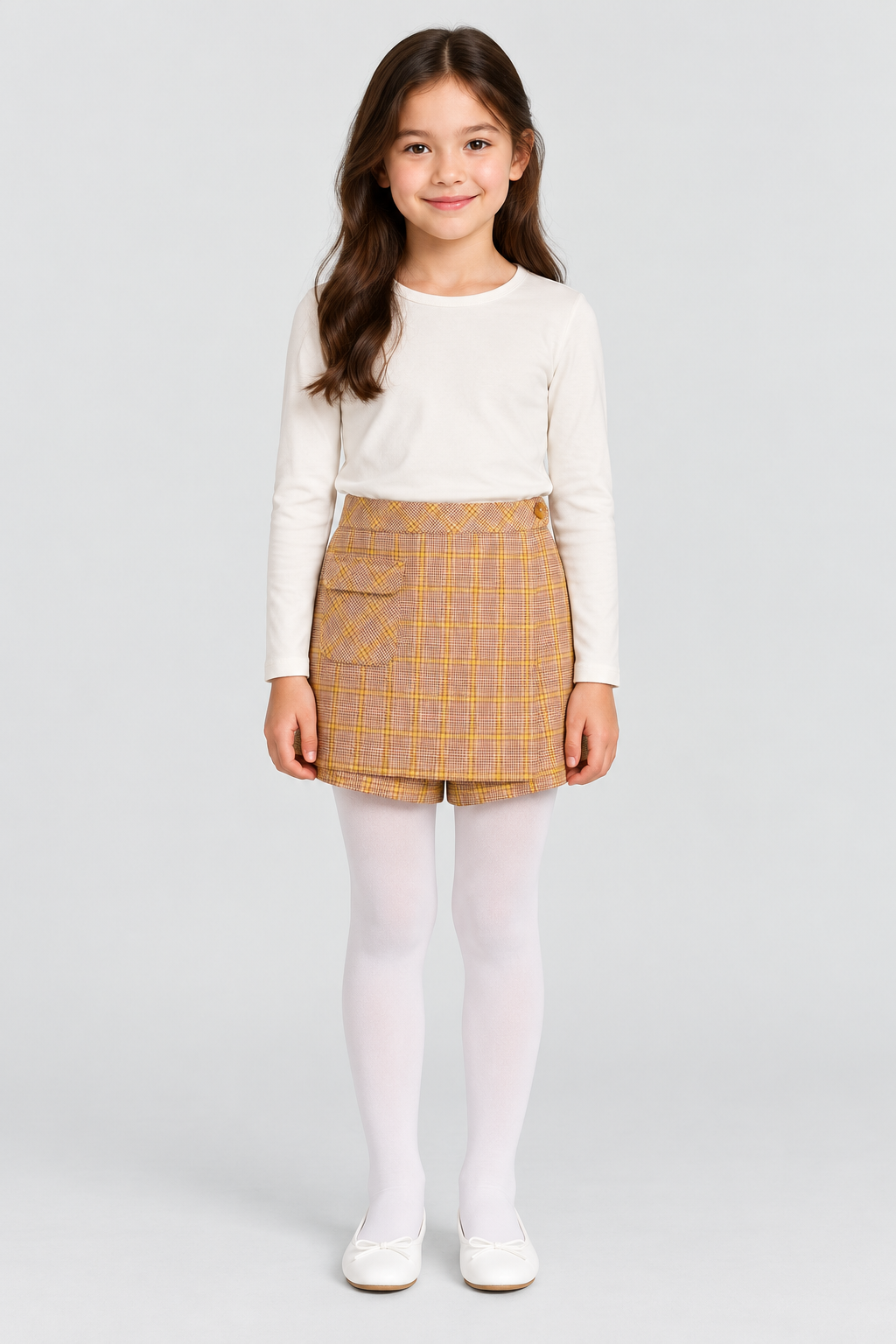 Girls plaid skort on child model, full front
