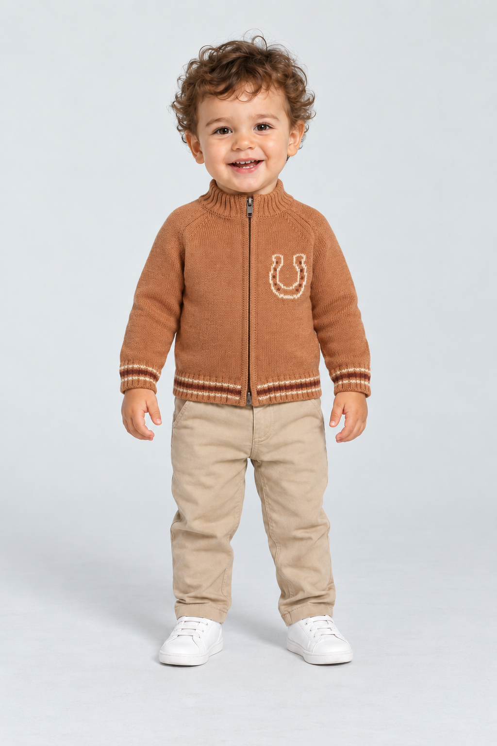 جاكيت منسوج ولادي سادة بسحاب, brown, front model view