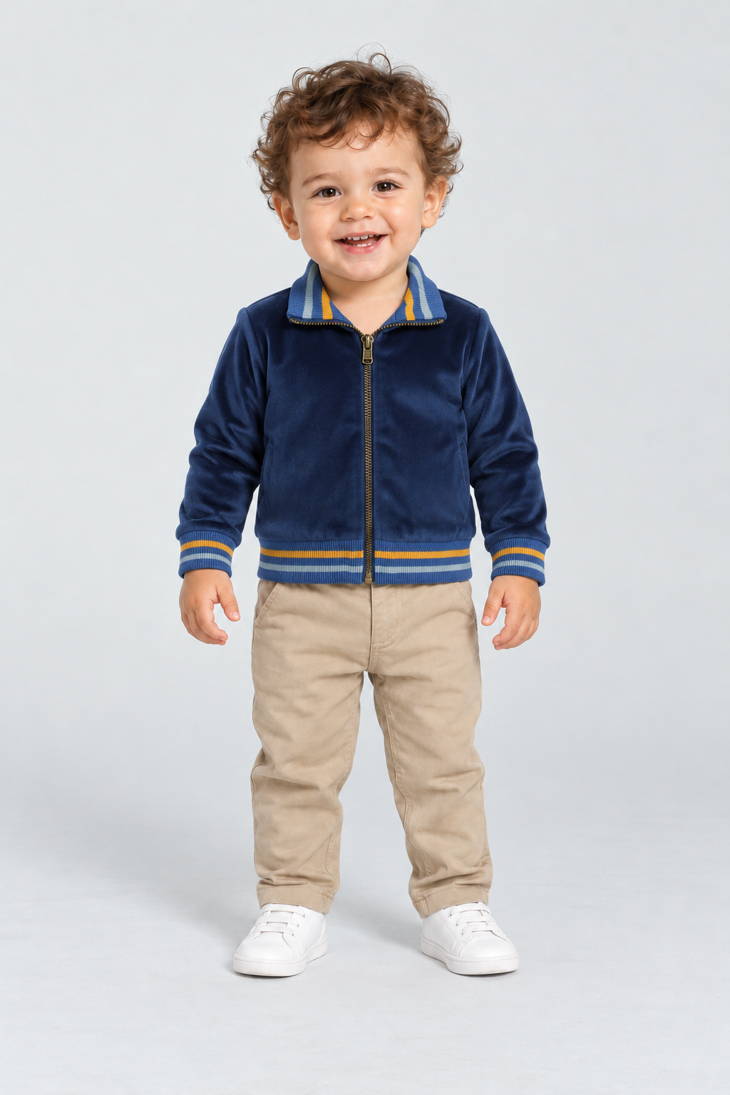 جاكيت أطفالي سادة بياقة وأساور مطاط, blue, front model view
