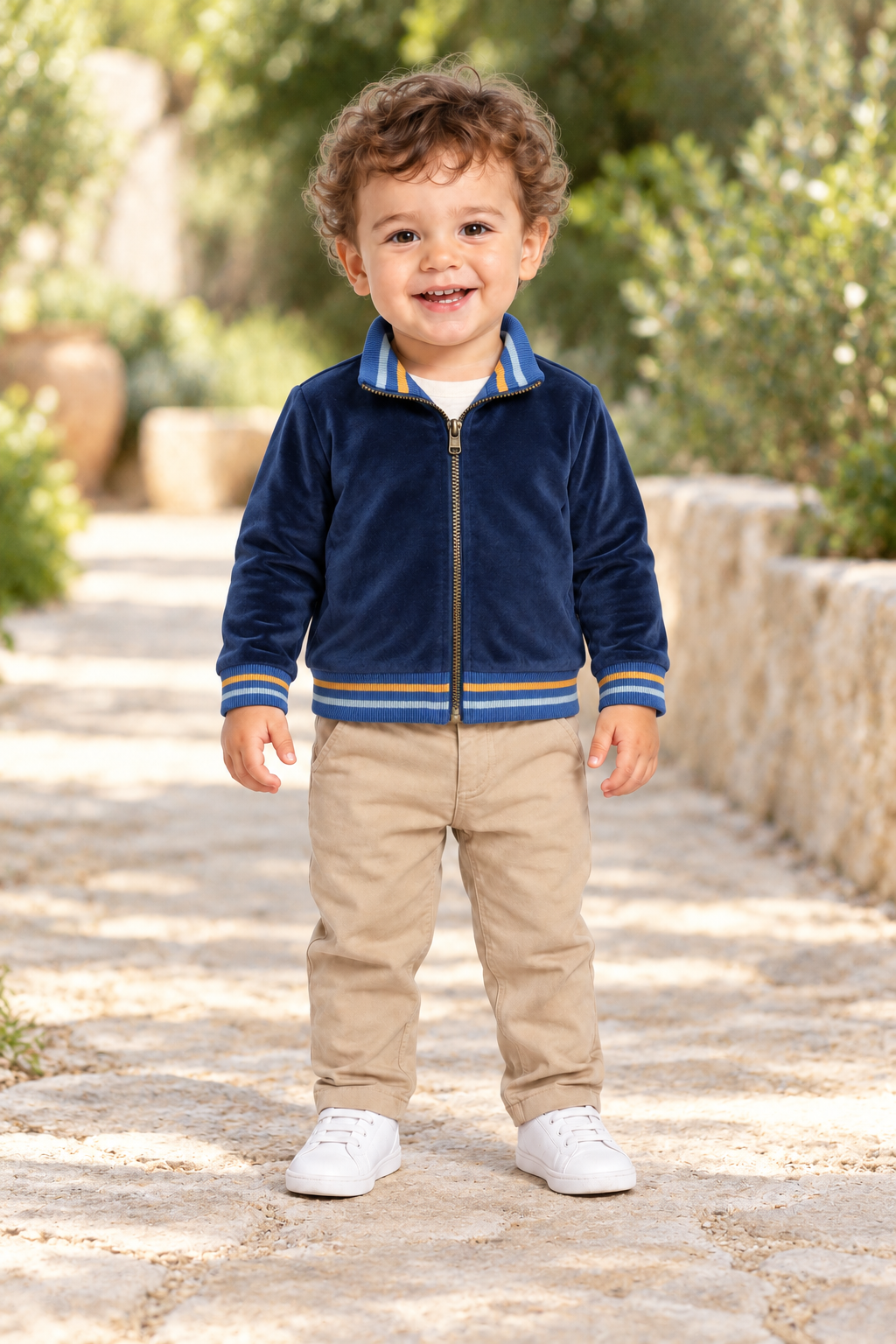 جاكيت أطفالي سادة بياقة وأساور مطاط, blue, lifestyle model view