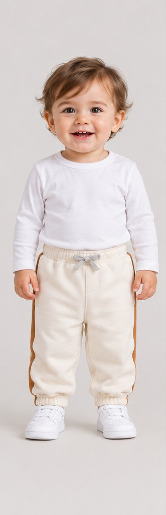 Front view of boys' ivory baby sweatpants with caramel side stripes on an infant boy