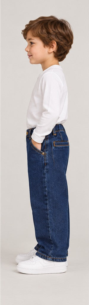 Left side view of boys' dark indigo denim jeans on a young boy