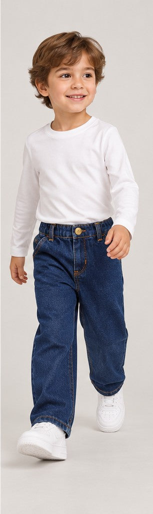 Lifestyle view of boys' dark indigo denim jeans on a young boy