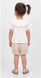 Gingersnaps girls white eyelet ruffle blouse and gingham shorts - back view