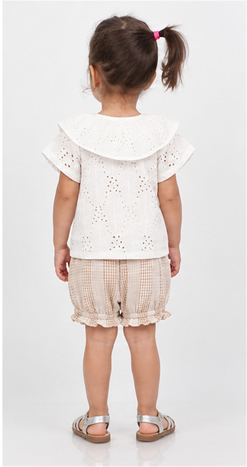 Gingersnaps girls white eyelet ruffle blouse and gingham shorts - back view