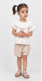 Gingersnaps girls white eyelet ruffle blouse and gingham shorts - front view