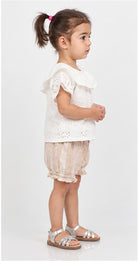 Gingersnaps girls white eyelet ruffle blouse and gingham shorts - right view