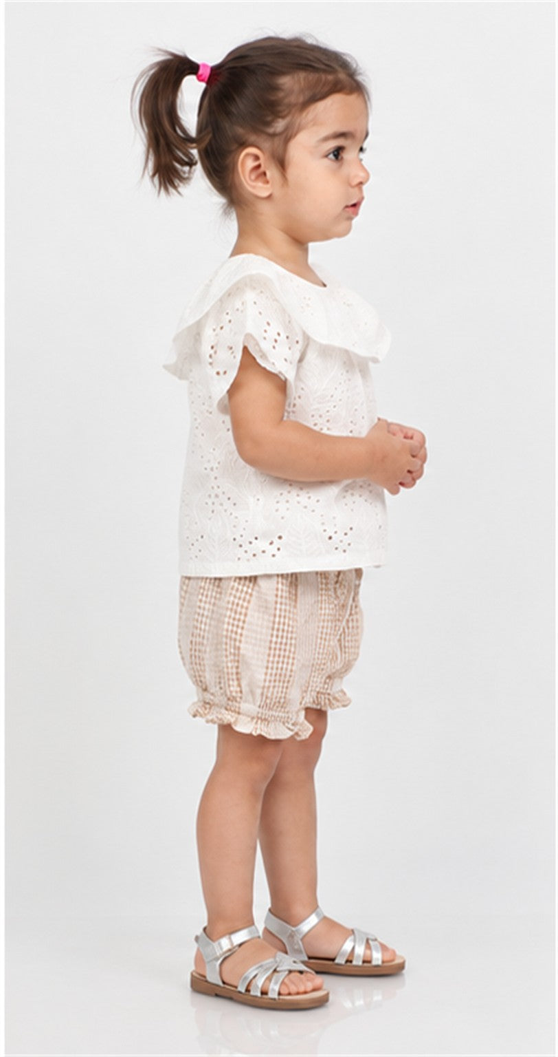 Gingersnaps girls white eyelet ruffle blouse and gingham shorts - right view
