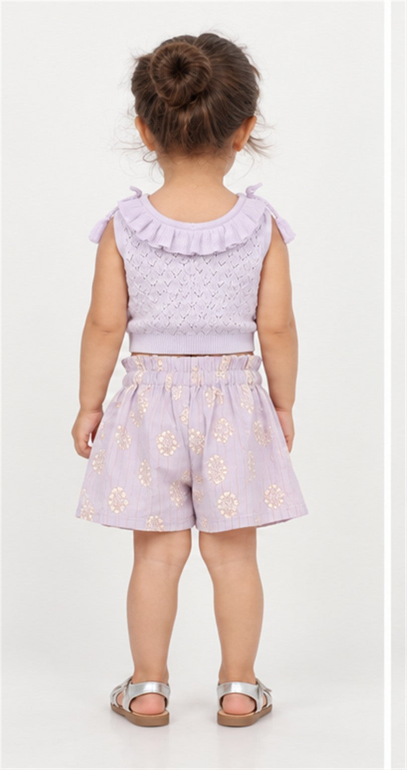 Gingersnaps girls lilac ruffle knit top and shorts - back view