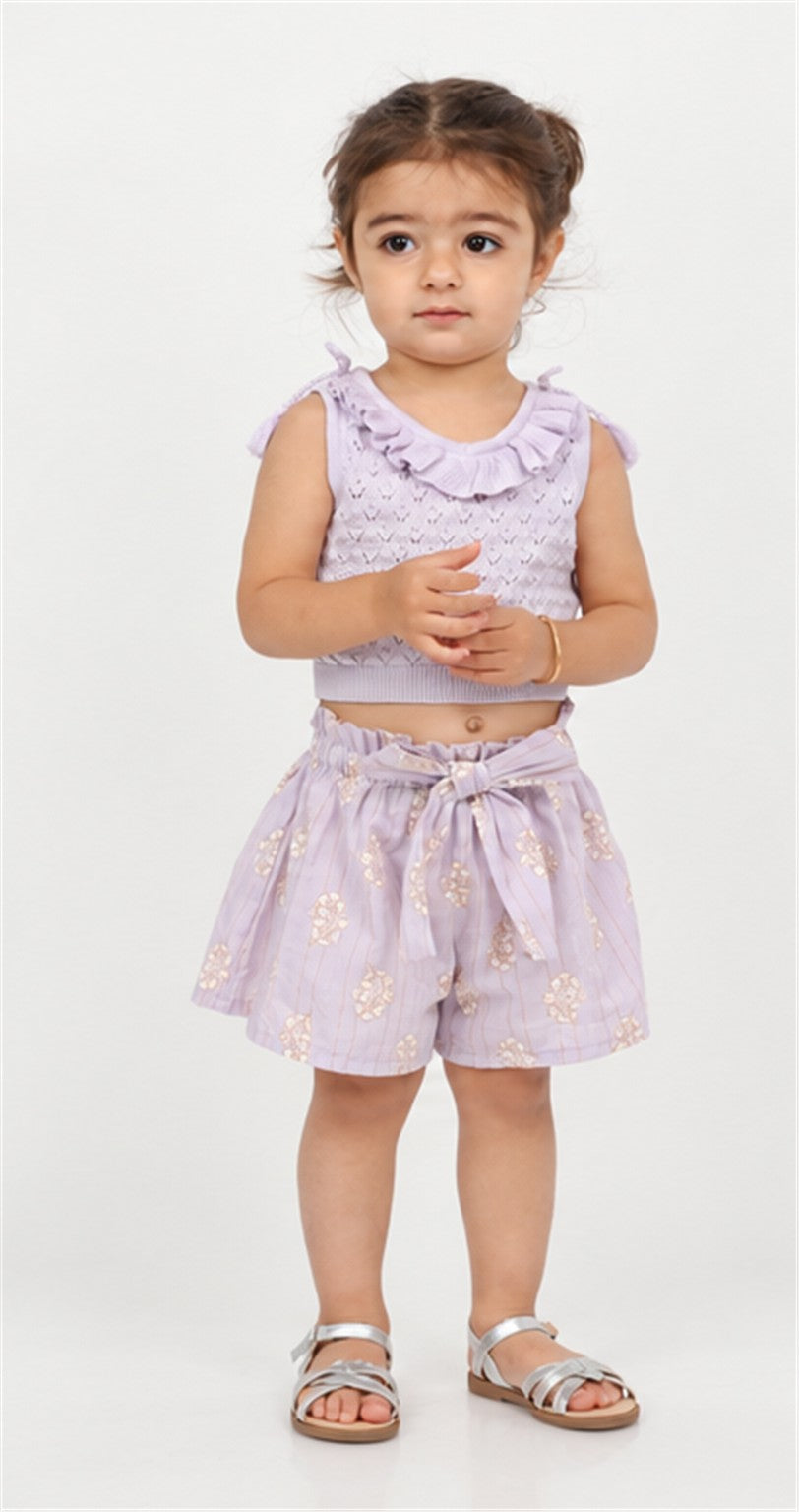 Gingersnaps girls lilac ruffle knit top and shorts - front view