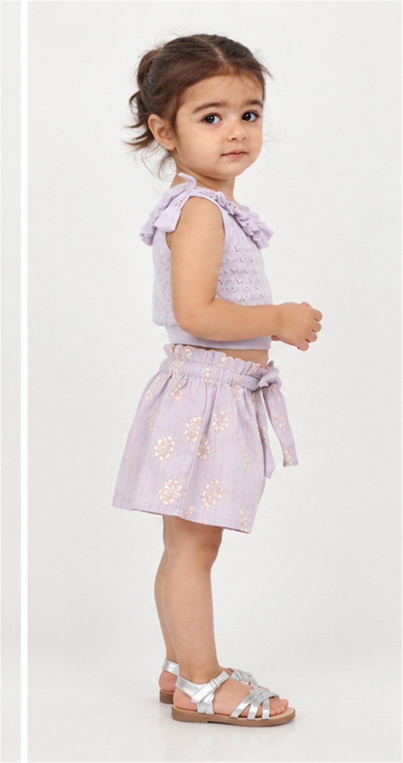 Gingersnaps girls lilac ruffle knit top and shorts - left view