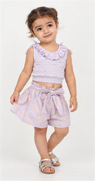 Gingersnaps girls lilac ruffle knit top and shorts - lifestyle view