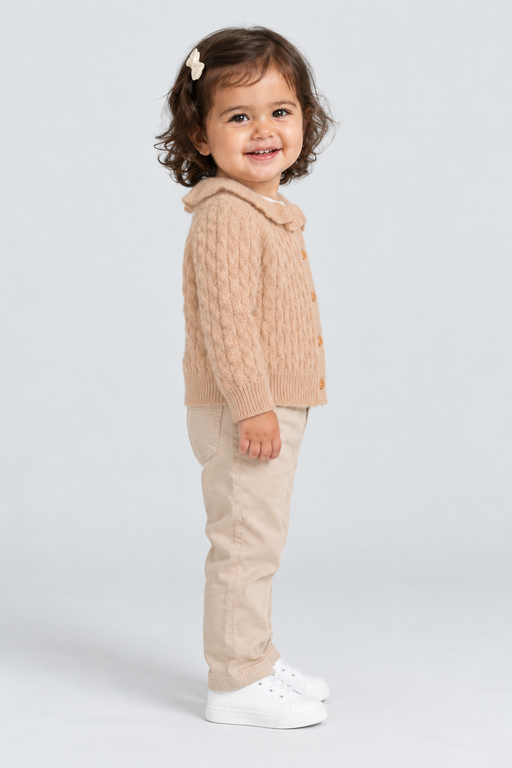 كارديجان بناتي رضع كم طويل بازرار في النصف, beige, side model view