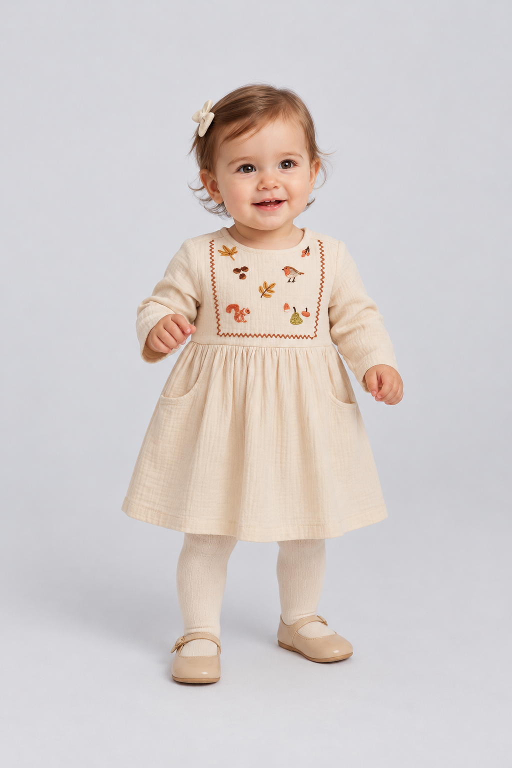 IGDR0904 ivory embroidered infant dress, front model view