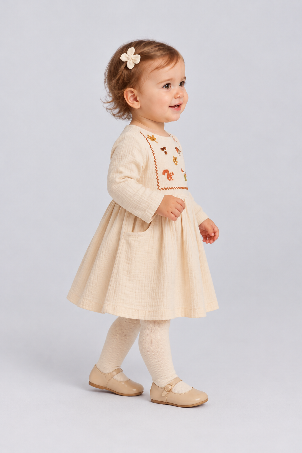 IGDR0904 ivory embroidered infant dress, right model view