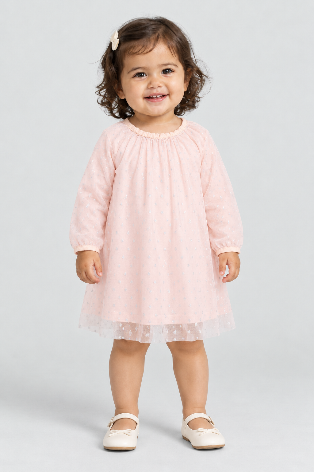 فستان اطفال رضع منقوش بياقة دائرية, light-pink, front model view
