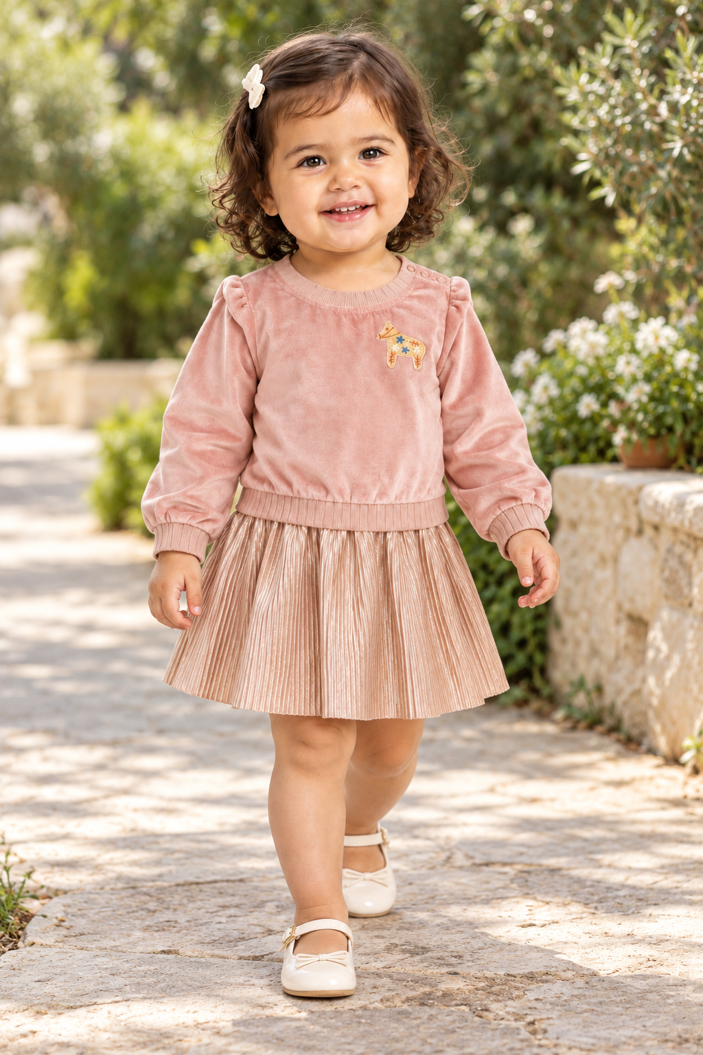 فستان بناتي رضع سادة مكشكش من الاسفل, pink, lifestyle model view